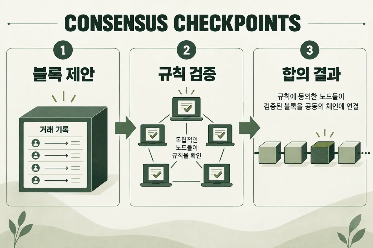 블록 제안, 노드의 규칙 검증, 합의 결과를 구분한 개념도