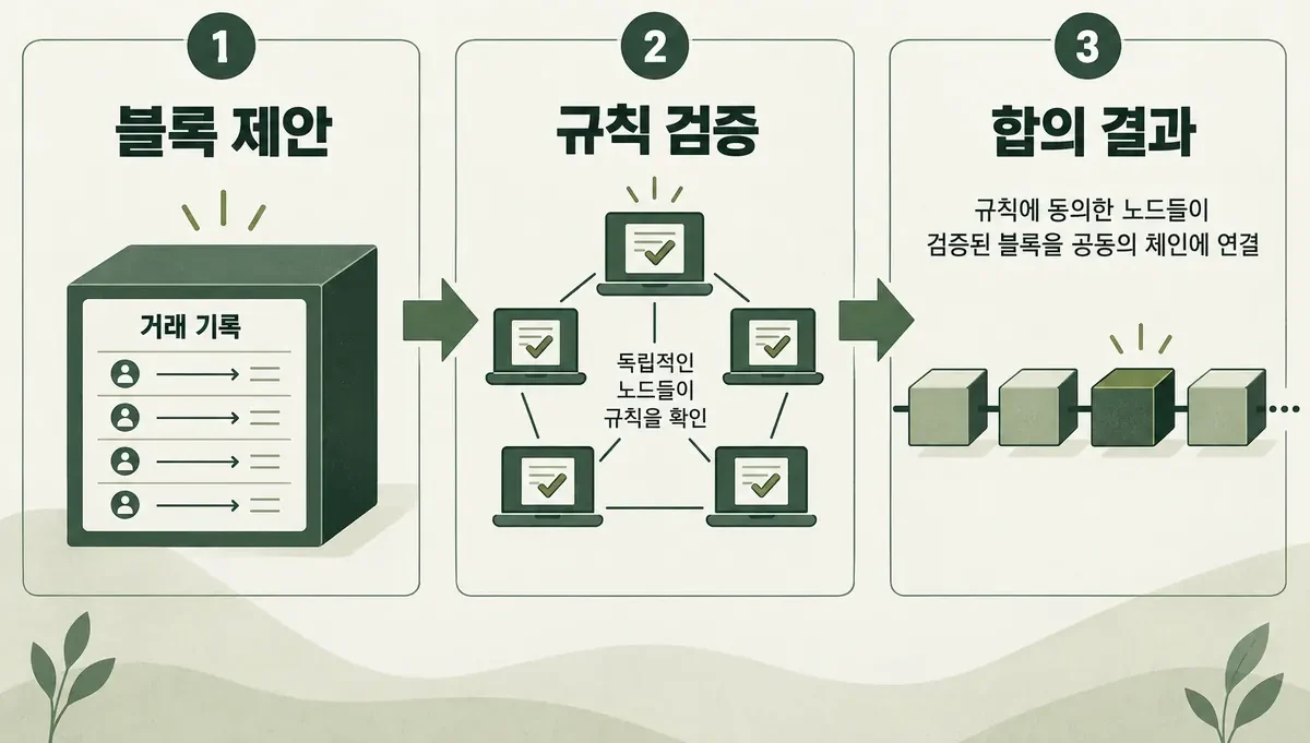 블록 제안, 노드의 규칙 검증, 합의 결과를 구분한 개념도