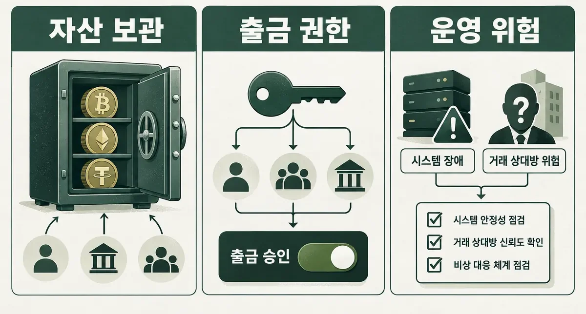 자산 보관, 출금 통제권, 시스템과 거래 상대방의 위험을 구분한 개념도