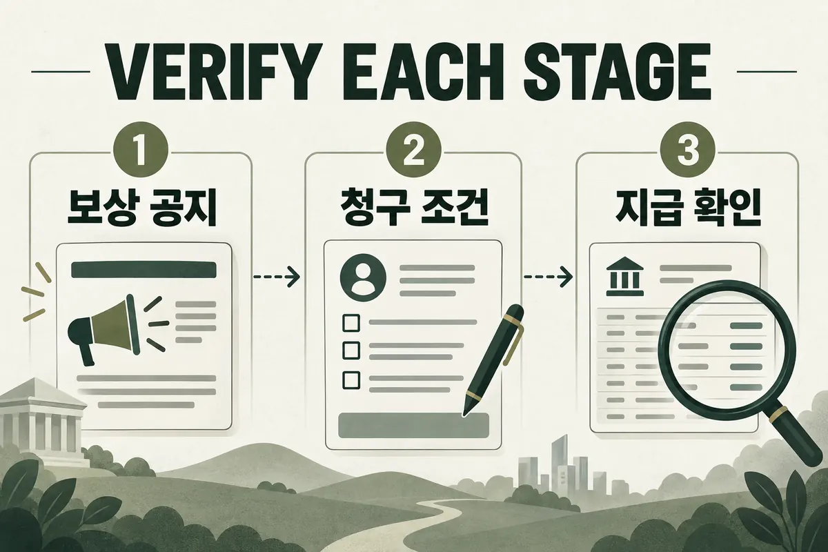 보상 공지, 청구 조건, 실제 지급 확인이 서로 다른 단계임을 보여주는 개념도
