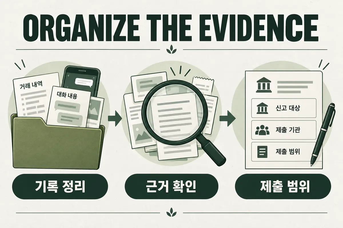 거래와 대화 기록을 정리하고 근거와 제출 범위를 확인하는 개념도