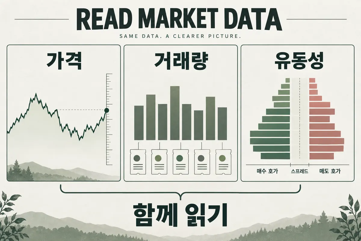 가격, 거래량, 호가 유동성을 함께 비교하는 시장 지표 개념도
