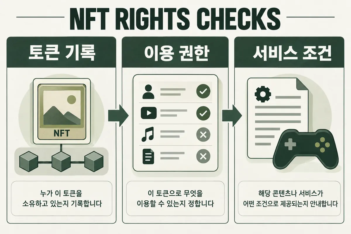 토큰 소유 기록과 콘텐츠 이용 권한, 서비스 제공 조건을 구분한 개념도