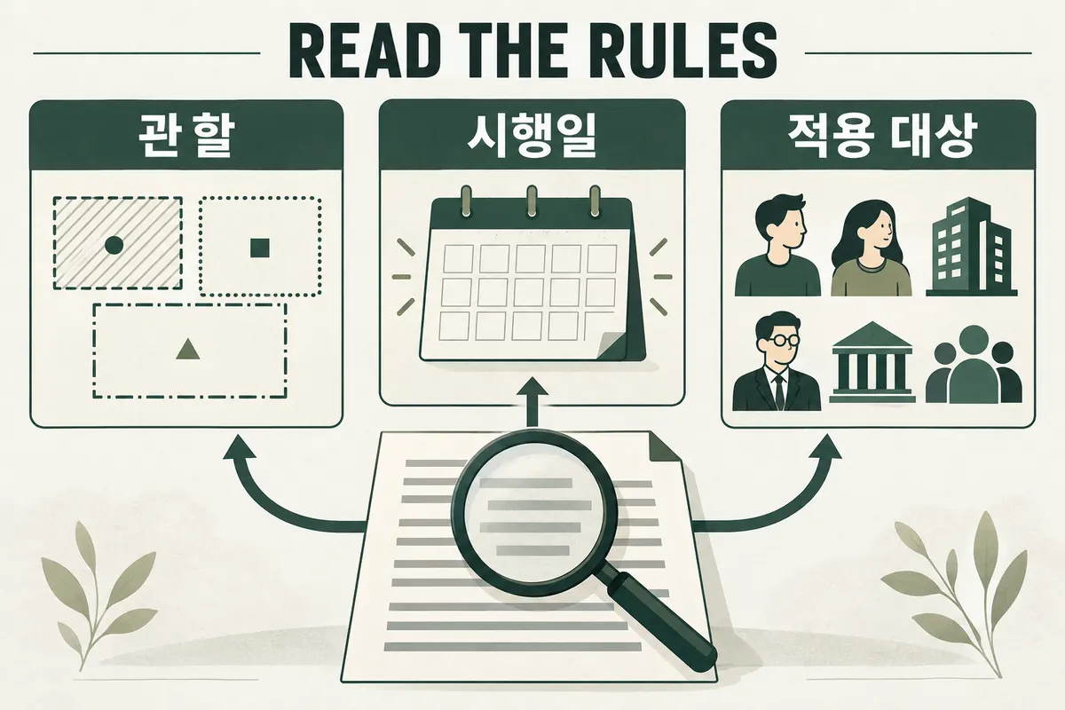 관할, 시행일, 적용 대상을 각각 확인하는 정책 문서 개념도