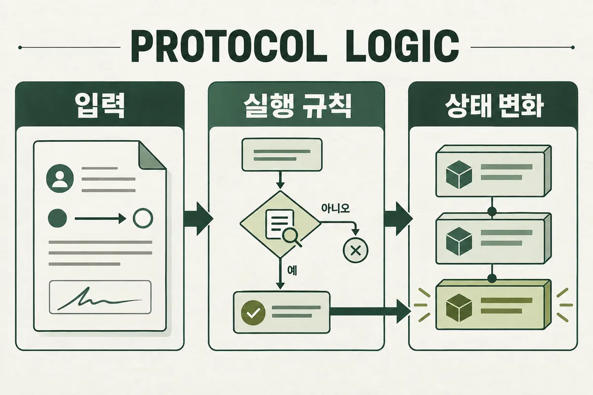 입력이 실행 규칙을 통과할 때 상태가 바뀌는 프로토콜 개념도