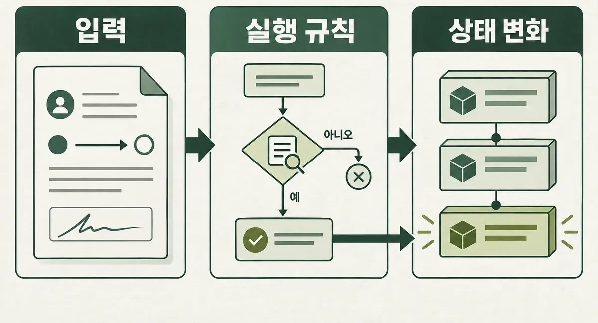 입력이 실행 규칙을 통과할 때 상태가 바뀌는 프로토콜 개념도