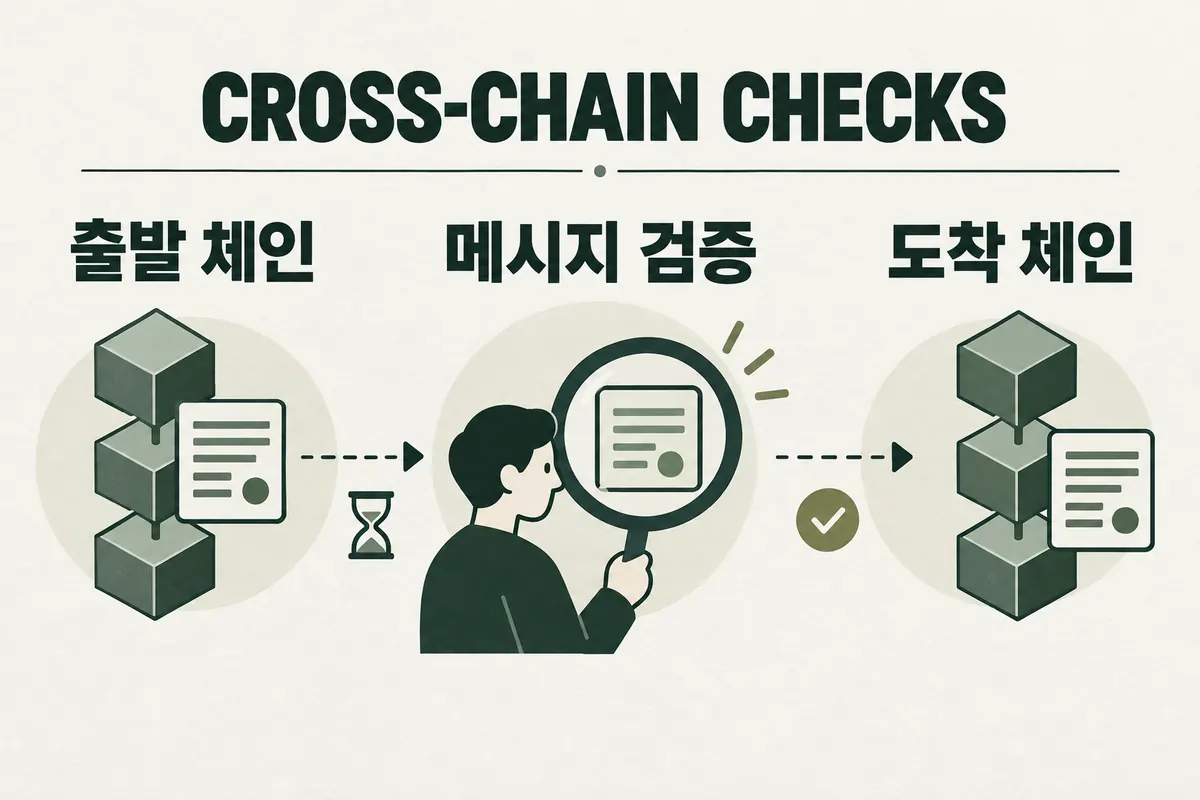 출발 체인의 기록과 메시지 검증, 도착 체인의 기록을 연결한 개념도