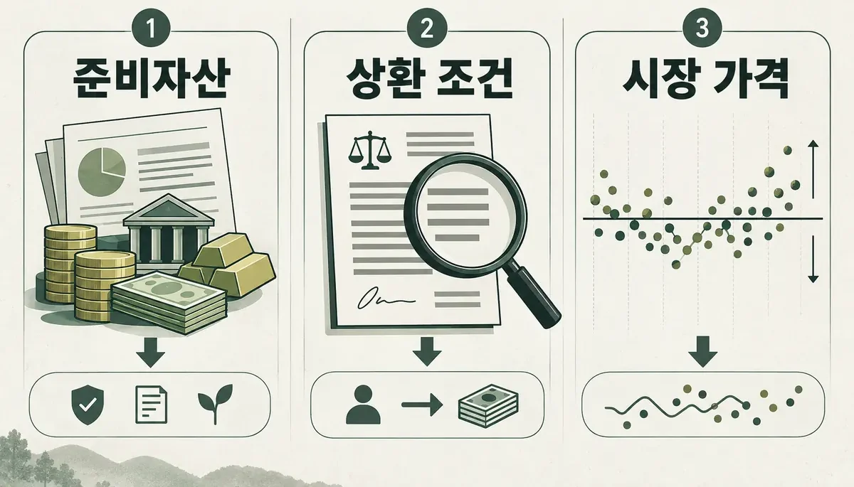 준비자산, 상환 조건, 시장 가격을 따로 확인하는 개념도