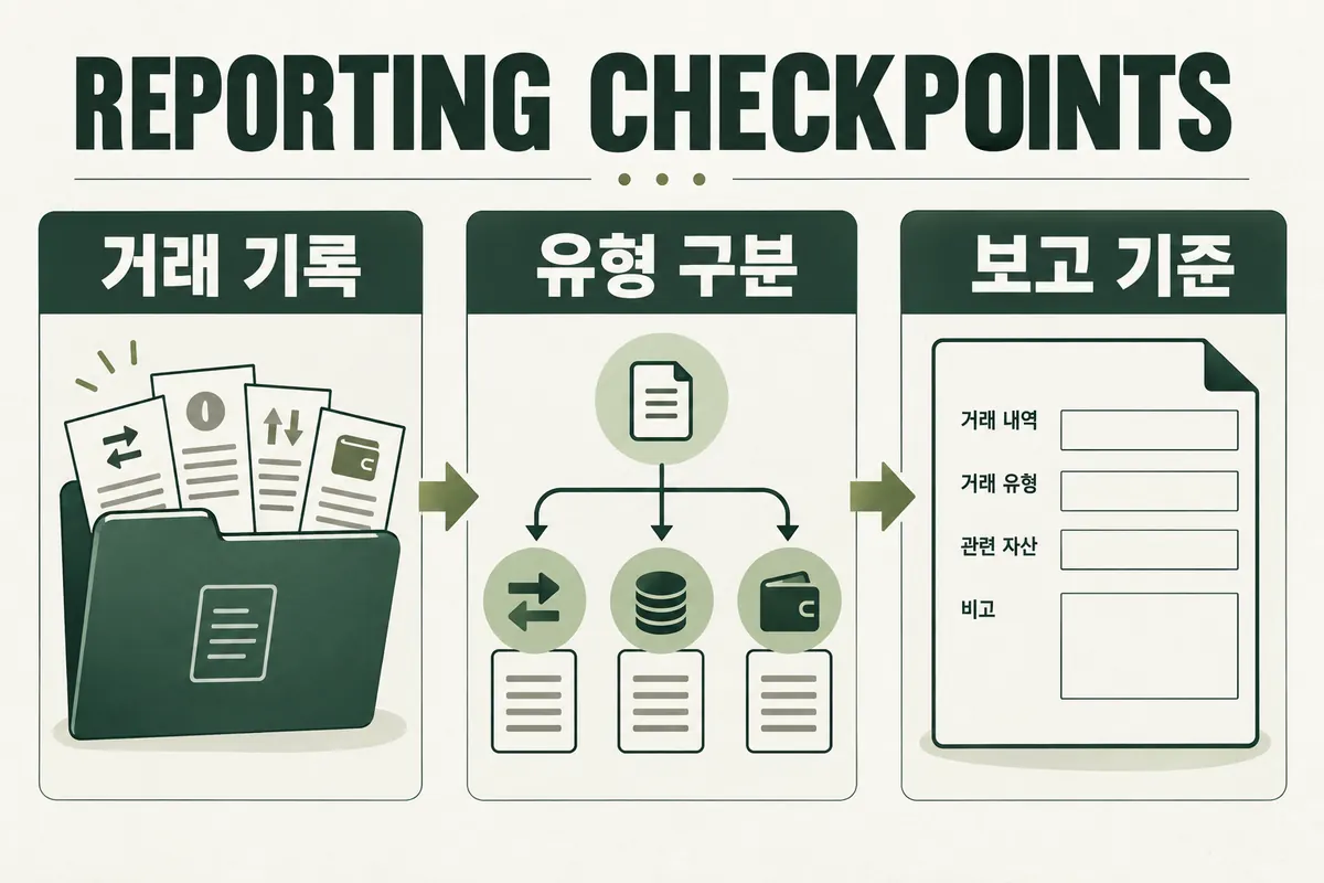 거래 기록을 모으고 유형과 보고 기준을 확인하는 개념도