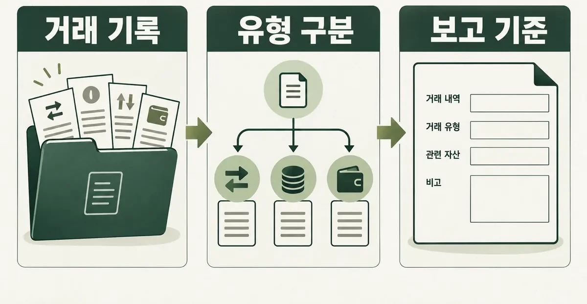 거래 기록을 모으고 유형과 보고 기준을 확인하는 개념도