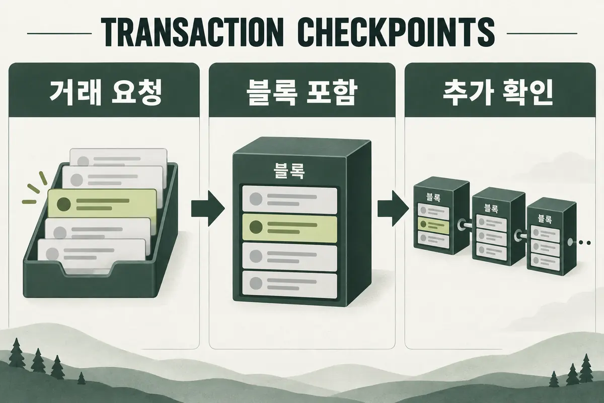 거래 요청, 블록 포함, 후속 블록 확인을 구분한 거래 처리 개념도