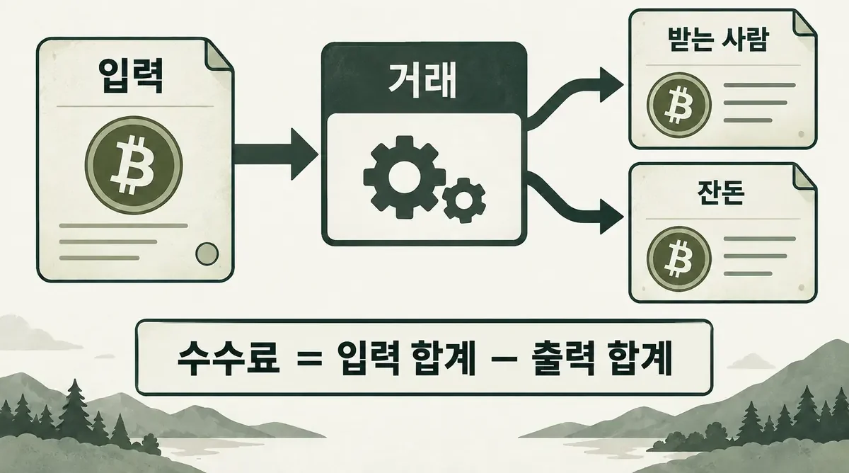 입력에서 수취 출력과 거스름돈 출력을 만들며 수수료는 입력 합계에서 출력 합계를 뺀 값임을 보여주는 개념도