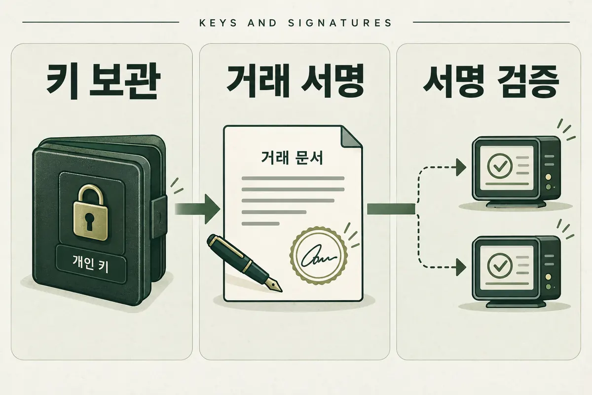 보호된 개인키로 거래에 서명하고 노드가 서명을 검증하는 개념도
