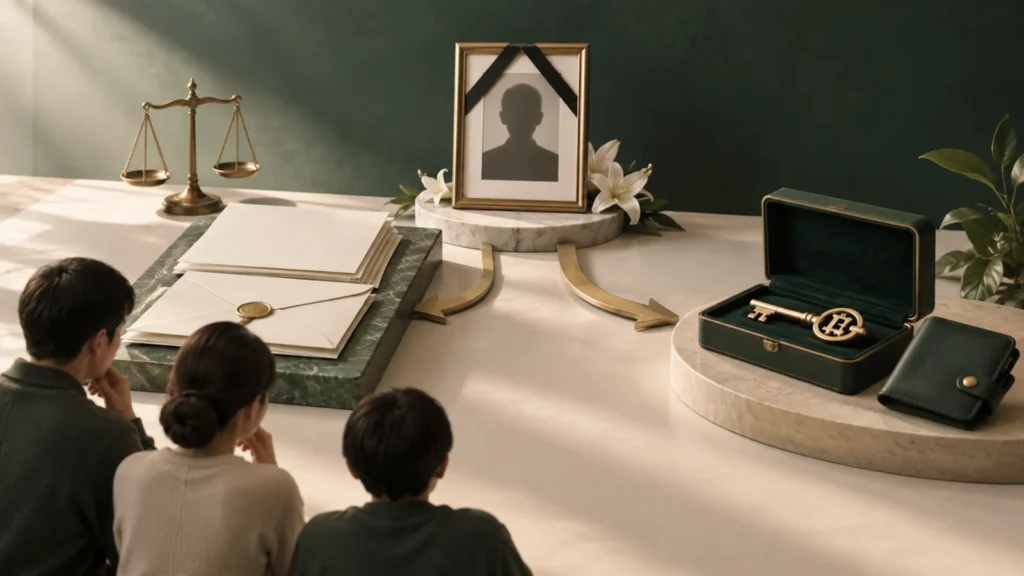 상속인들이 법적 서류 묶음과 개인지갑 열쇠를 별도로 확인하는 가상자산 상속 장면