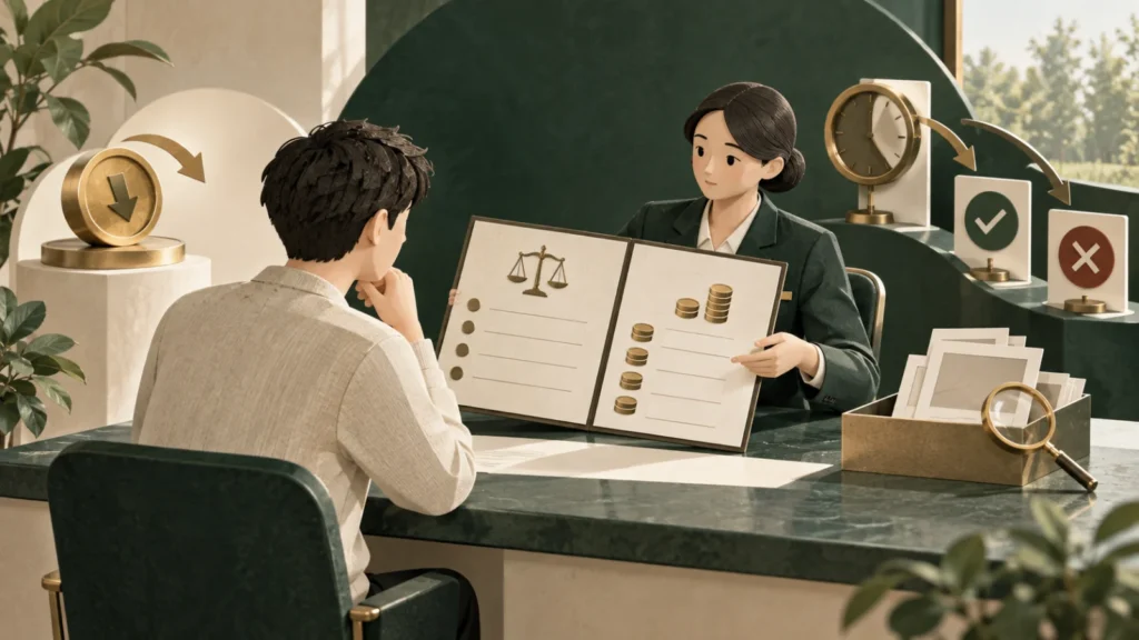 상담자가 오입금 복구의 조건과 비용을 설명하고 검토 시간 및 승인·거절 표시가 놓인 장면