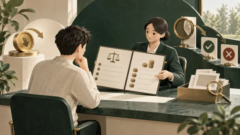 상담자가 오입금 복구의 조건과 비용을 설명하고 검토 시간 및 승인·거절 표시가 놓인 장면