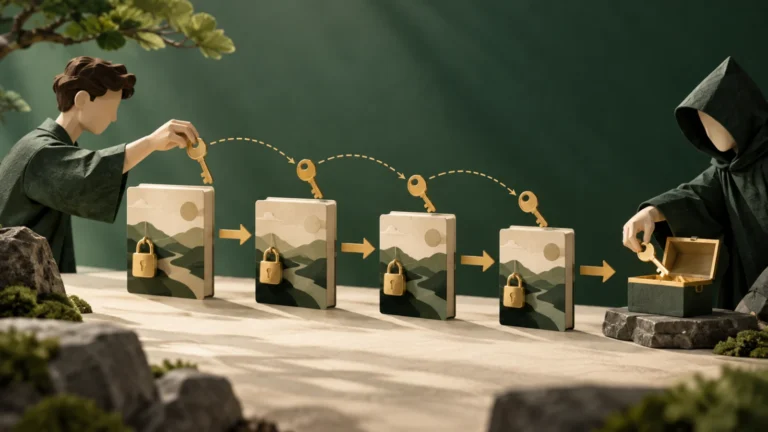 연속으로 갱신되는 잠긴 채널 상태 카드와 각 상태에 대응하는 폐기 열쇠를 나열한 commitment 개념도